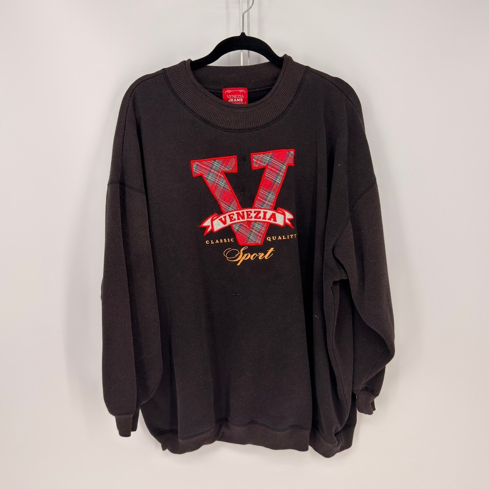 Venezia Jeans Sweatshirt Womens 26/28 Black Plaid V Sport Vintage 90s Crewneck